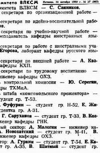 Состав комитета ВЛКСМ института,избранного в осенью  1980 (Кликайте,чтобы читать полностью!)